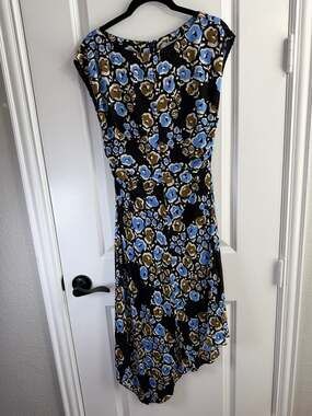 Jigsaw Blue and Brown Floral Print Asymmetric Hem Ruched Midi Dress